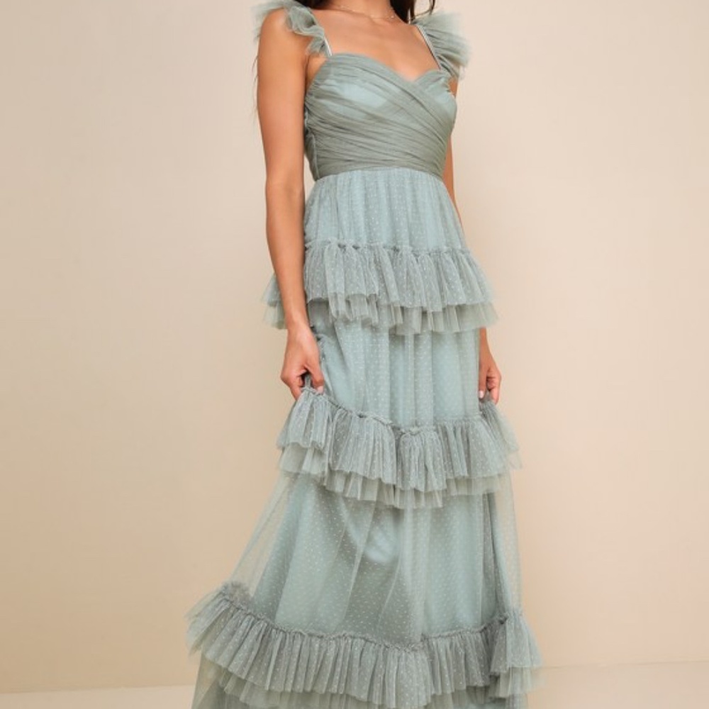 Lulus Pure Radiance Sage Brush Mesh Swiss Dot Tiered Maxi Dress Green